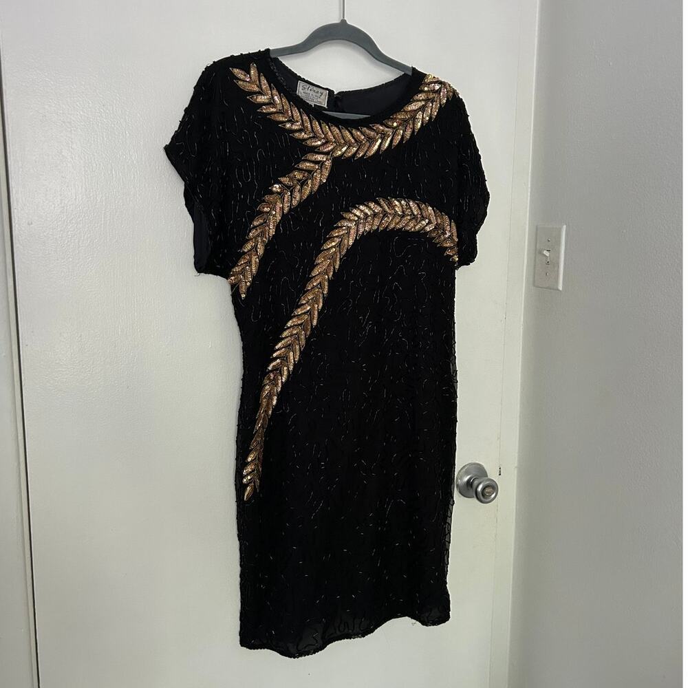 Vintage Stenay 80s Black 100% Silk Beaded Cocktail Dress